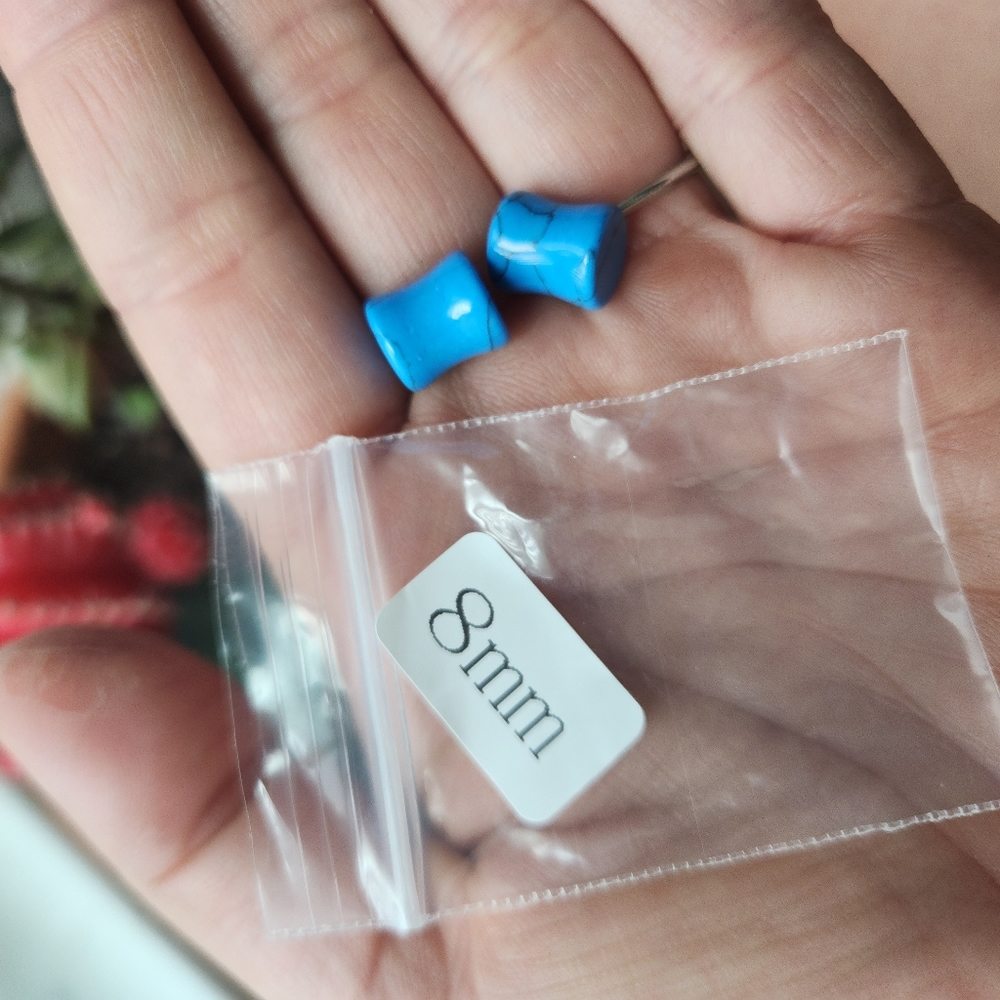 8mm Blue Howlite Stone Plug Earrings